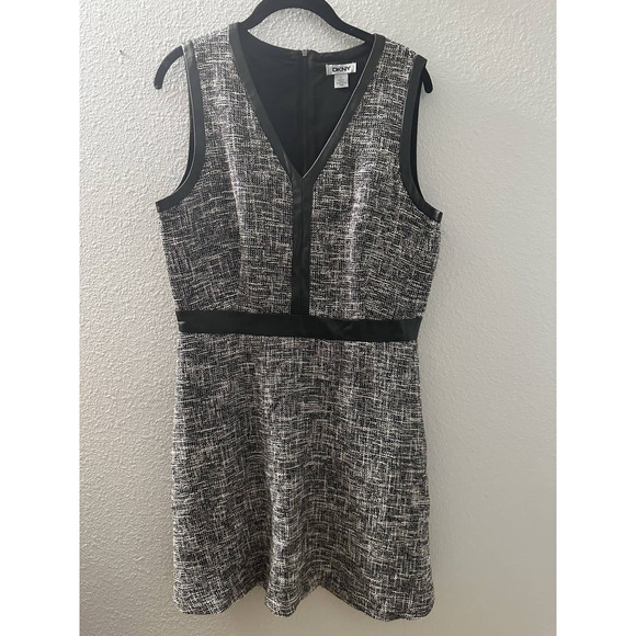 DKNY Women's Black Gray Tweed faux Leather Trim Mini Dress Size 12 - Picture 3 of 7